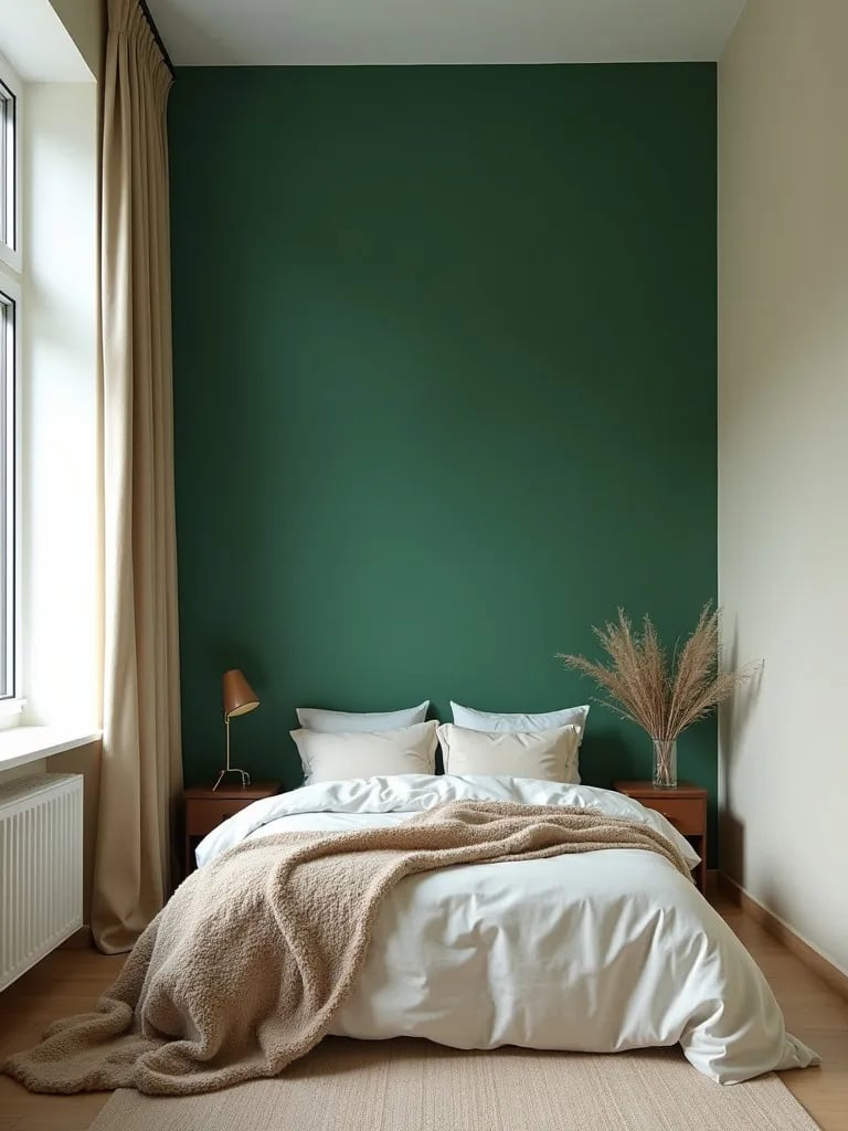 Small bedroom with emerald green accent wall and neutral cream walls