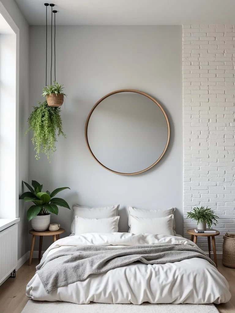 Small bedroom with gray walls, white brick accent, and round mirror