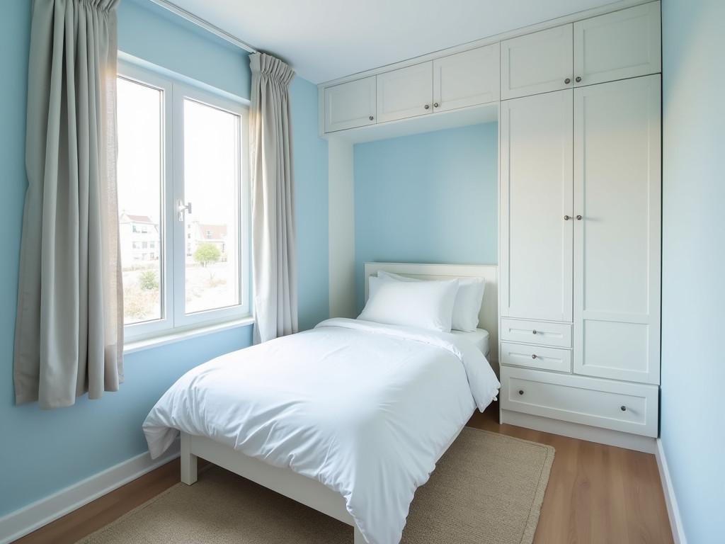 Small bedroom with light blue walls and clever storage solutions