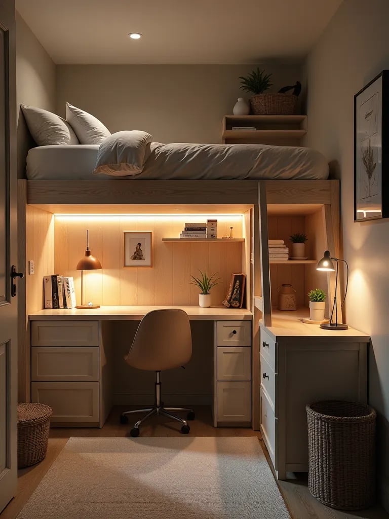 Small bedroom with loft bed, built in desk, and storage solutions