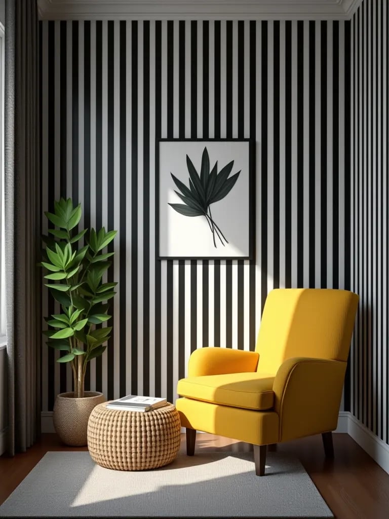 Small living room with black and white striped wallpaper and yellow armchair