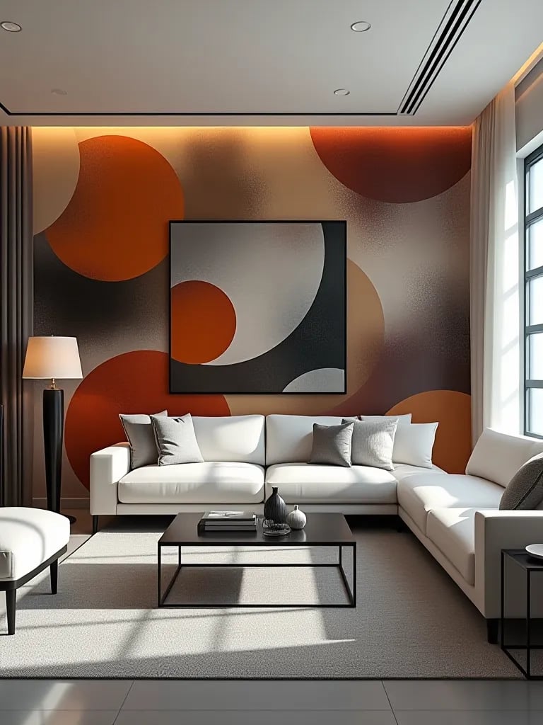 Small living room with colorful abstract wallpaper and minimalist furniture