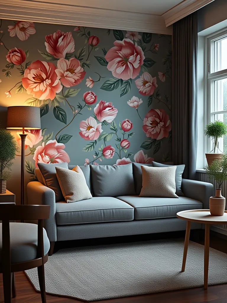 Small living room with floral wallpaper accent wall and modern furniture