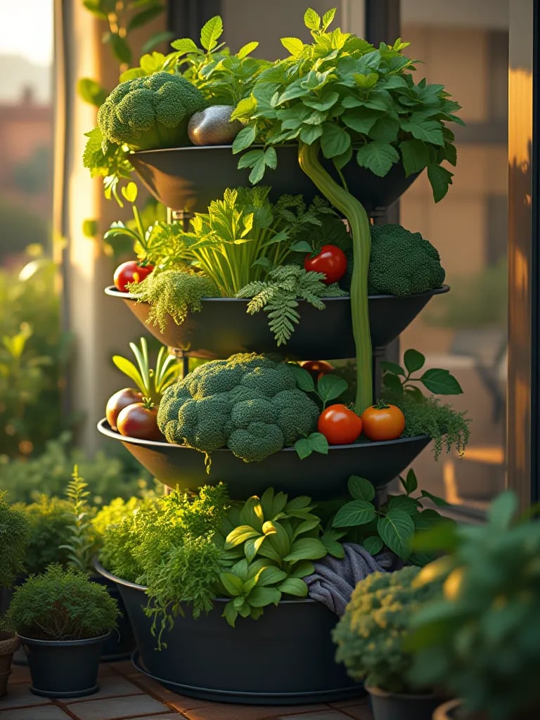 Small patio with vertical container vegetable garden ready for harvest
