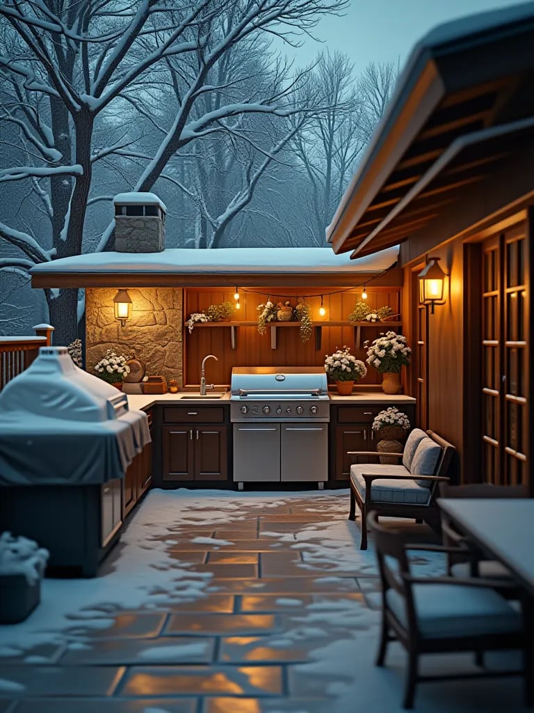 Snow dusted outdoor kitchen with protective covers and warm lighting