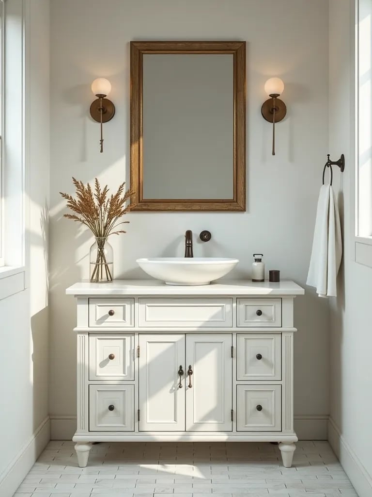 Soft lit bathroom featuring white painted wood vanity with vessel sink