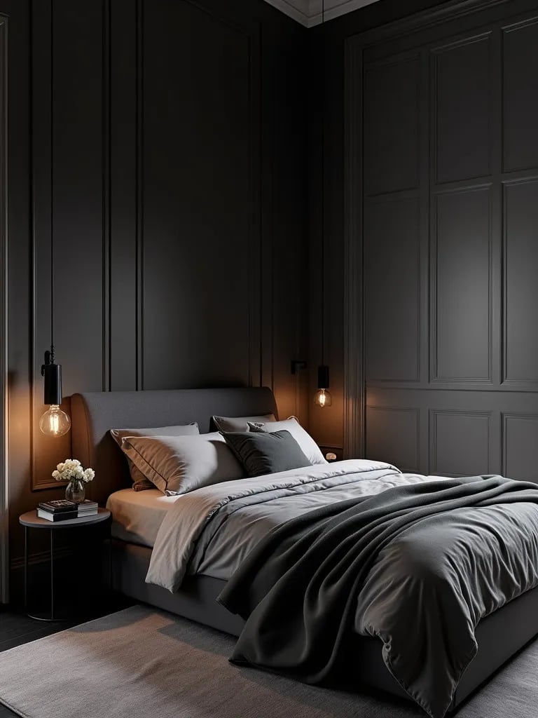 Sophisticated bedroom with charcoal gray walls and velvet textures