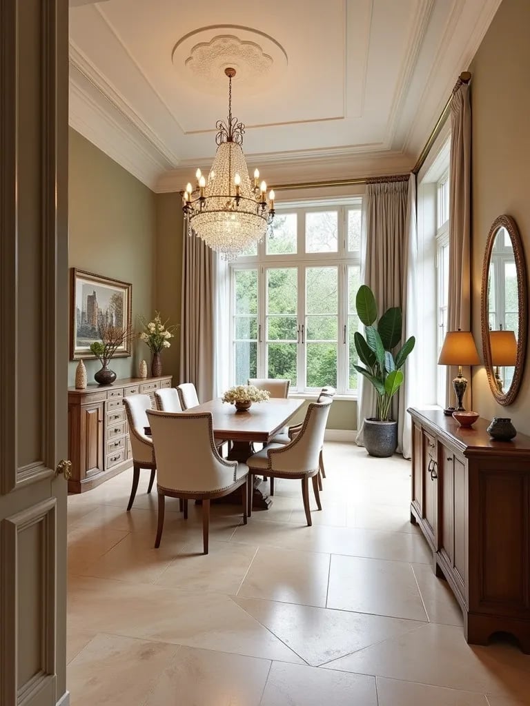 Sophisticated dining room featuring herringbone porcelain tile flooring and bay window