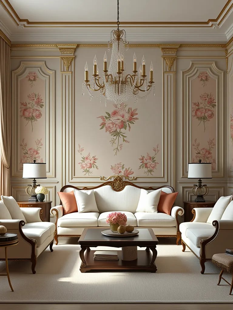 Sophisticated living room featuring floral wallpaper and classic furniture