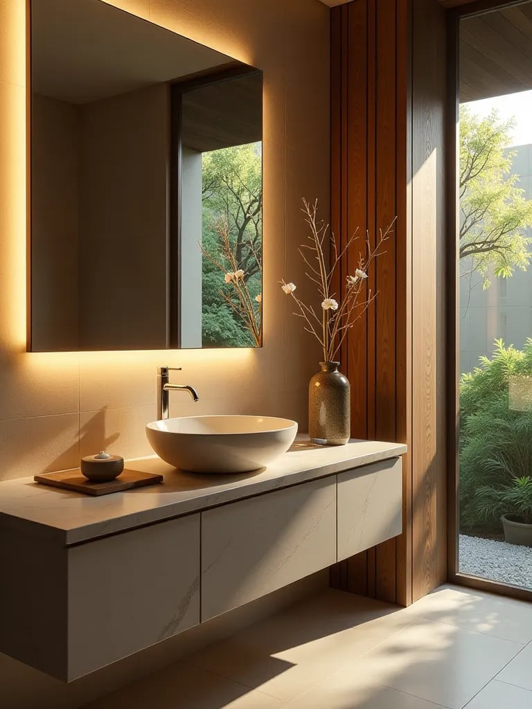 Spa inspired bathroom vanity with uplighting and stone sink