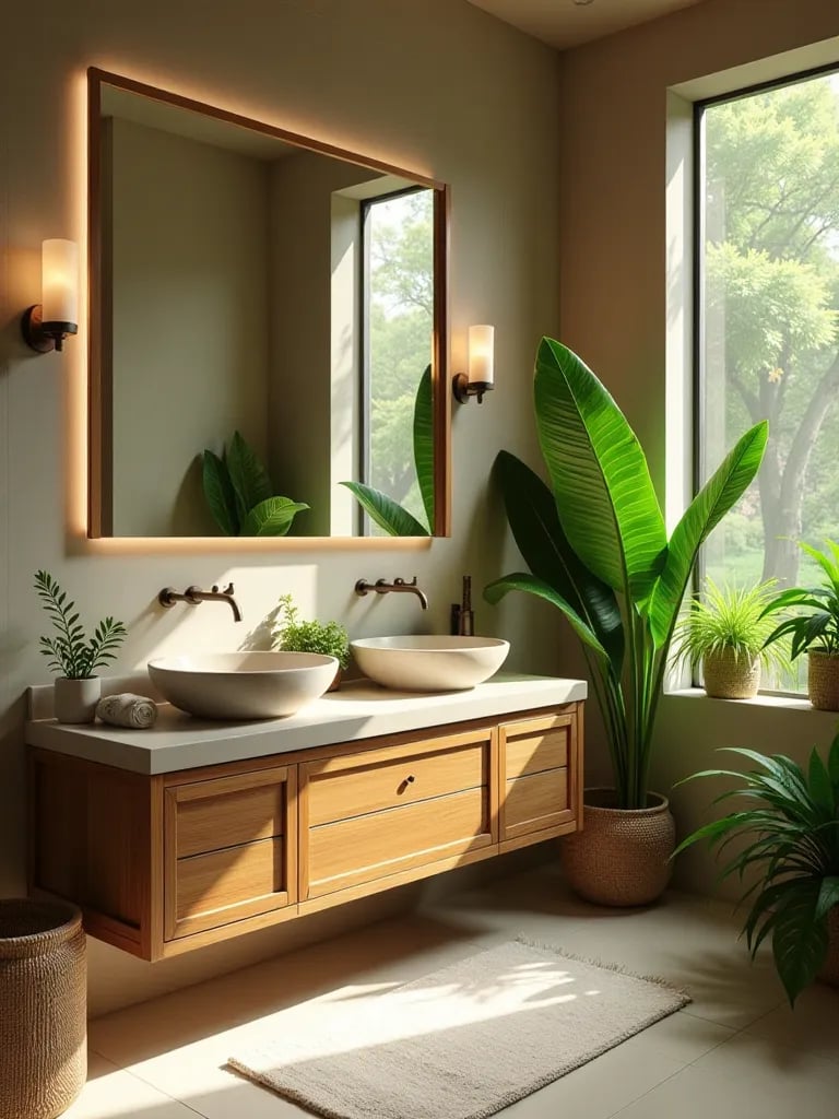 Spa like bathroom with bamboo double vanity and green plants
