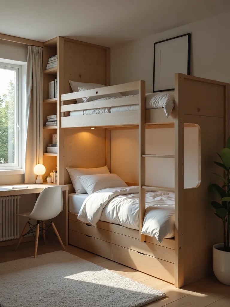 Space efficient bedroom with loft bed and clever storage in soft lighting