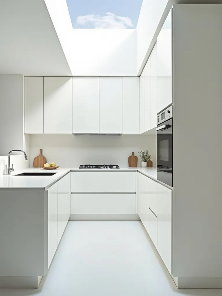 Space saving white kitchen with skylight and clever storage solutions
