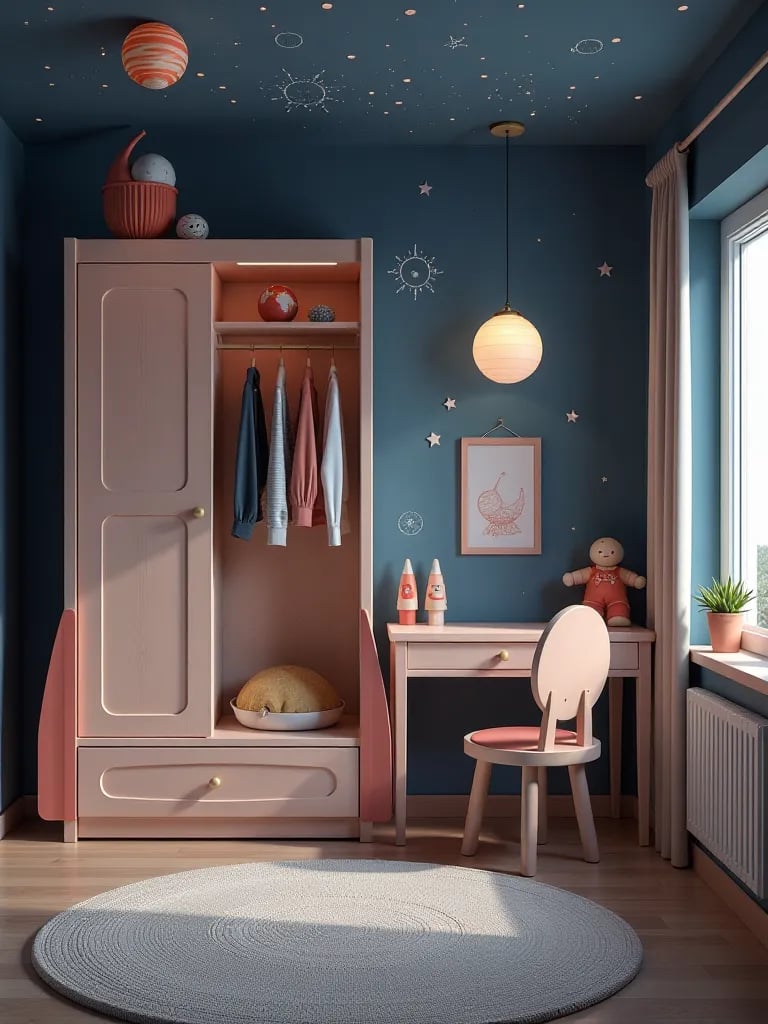 Space themed kids’ bedroom with rocket wardrobe and planet lights