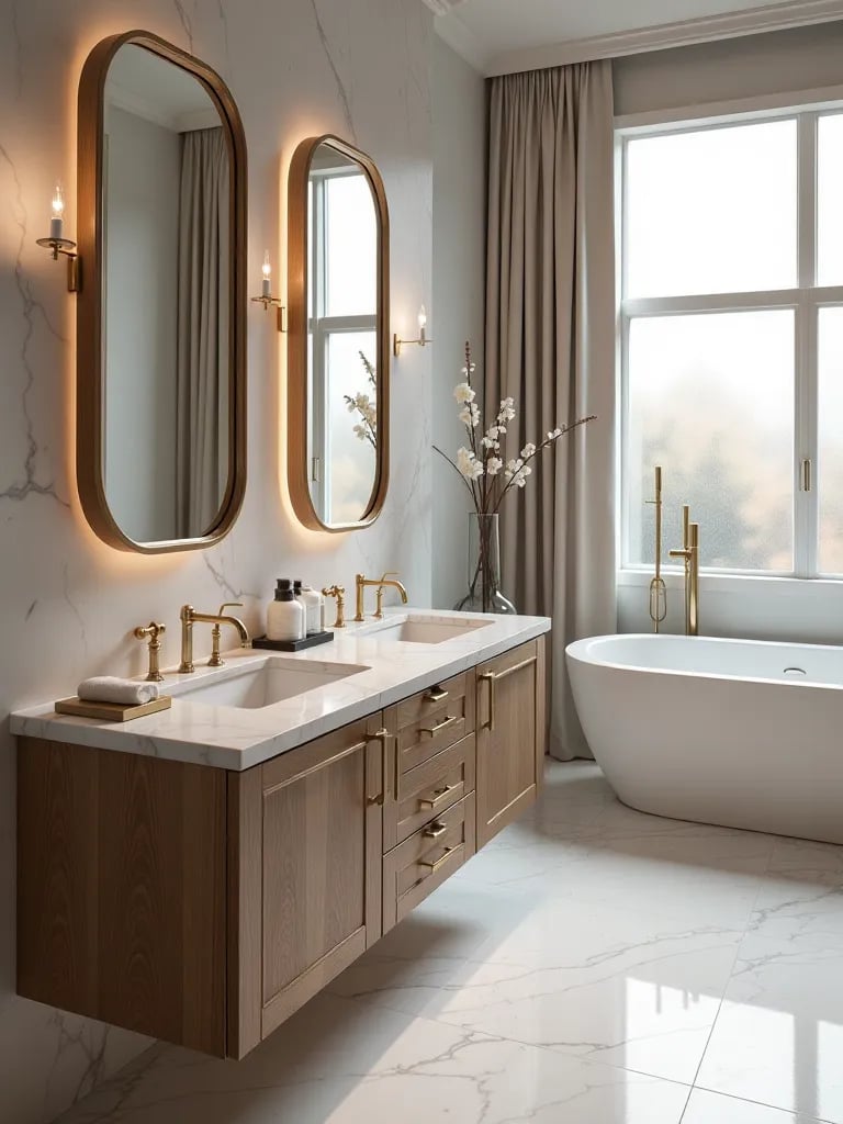Spacious bathroom featuring a marble topped double vanity