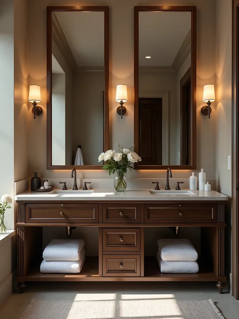 Spacious bathroom featuring dark wood double vanity with large mirror