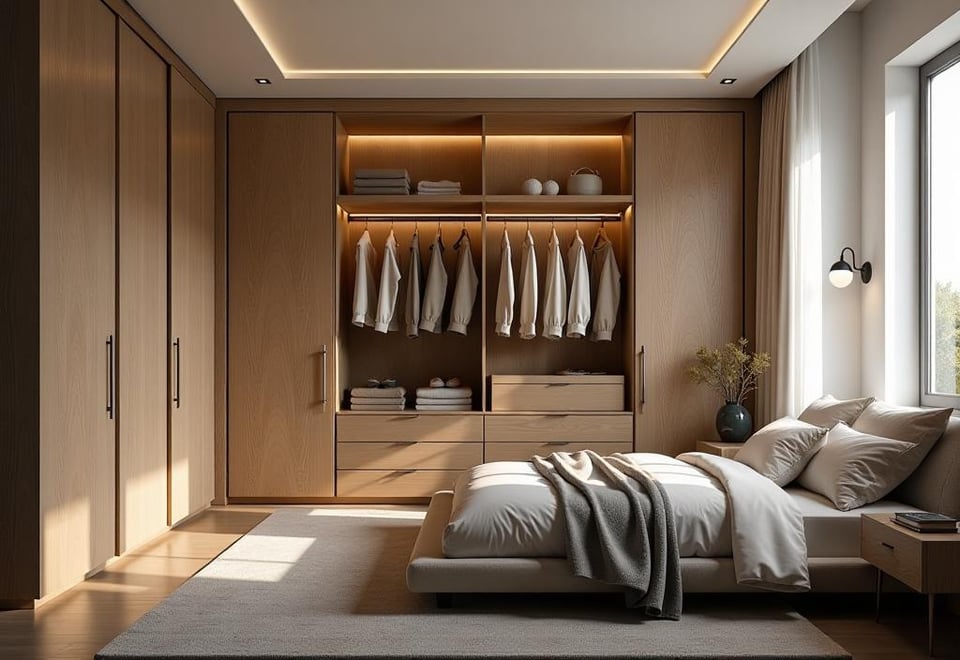 Spacious bedroom with illuminated built in wardrobe and mirrored sliding doors