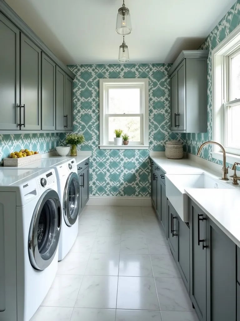 Spacious laundry room with teal geometric wallpaper and folding island