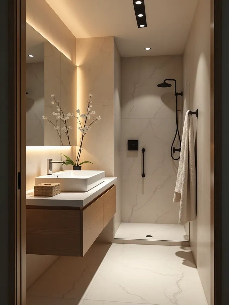 Spacious looking small bathroom featuring floating vanity