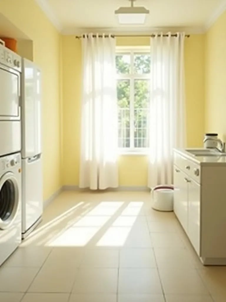 Spacious pale yellow laundry room with white appliances and curtains