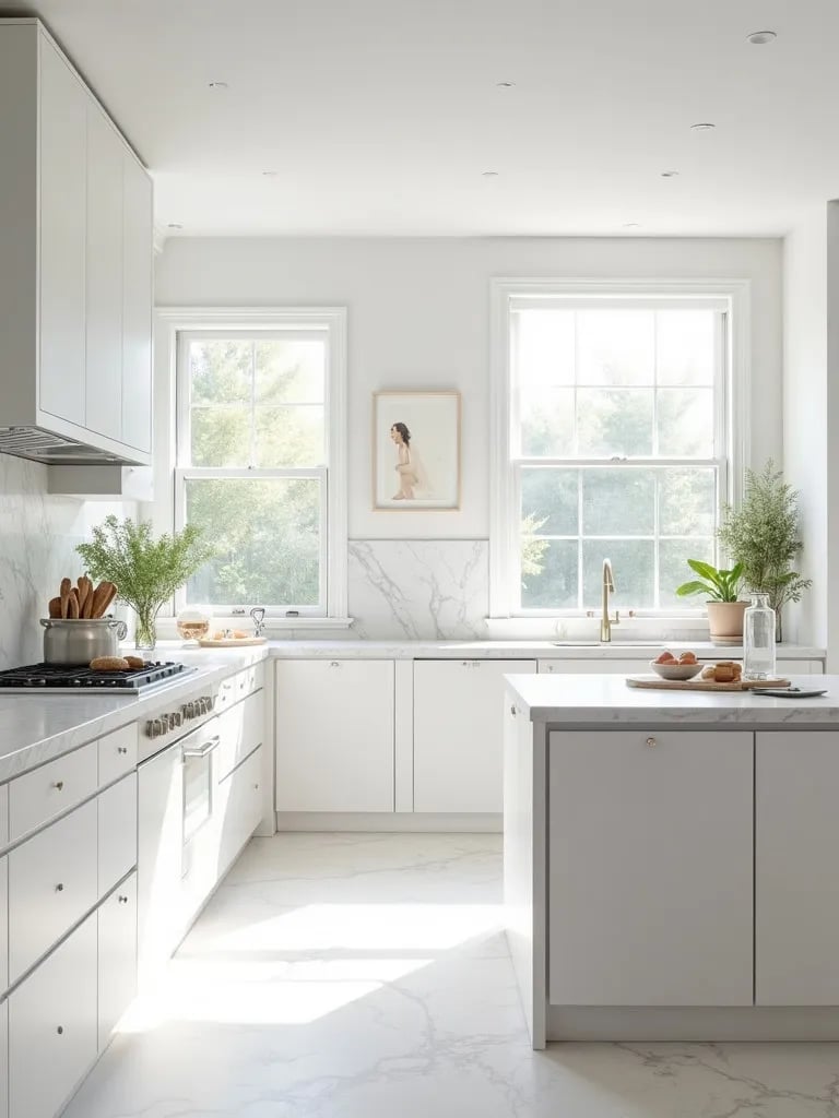 Spacious white kitchen with natural light and shaker cabinets