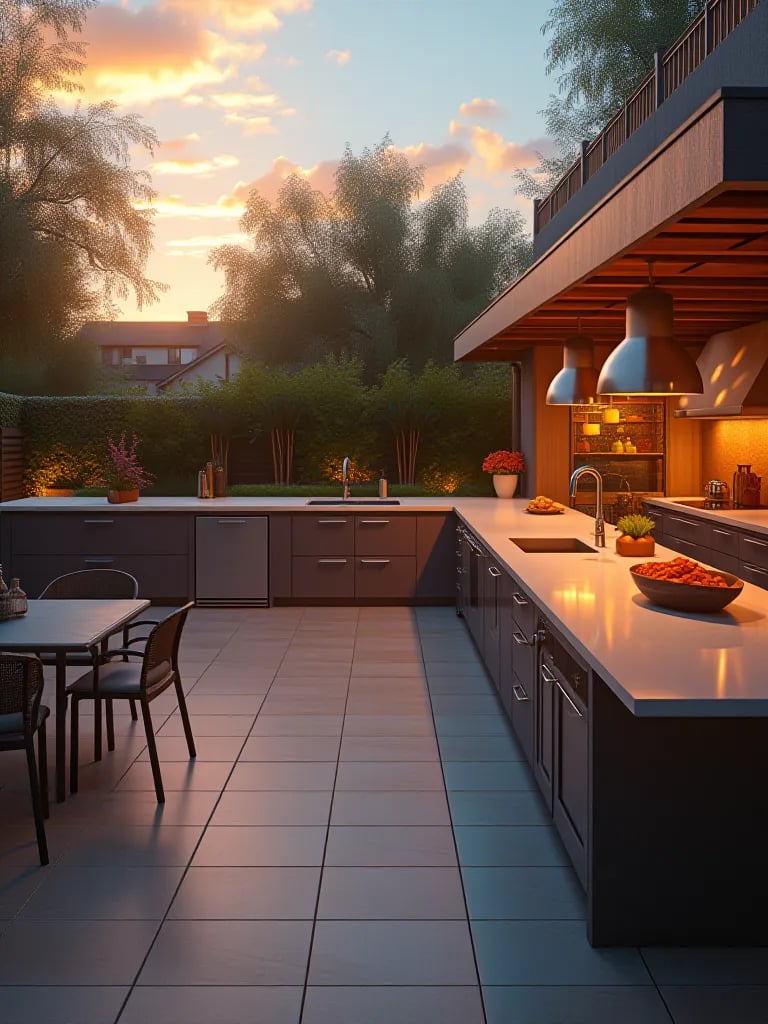 Spotless outdoor kitchen with shining appliances at dusk