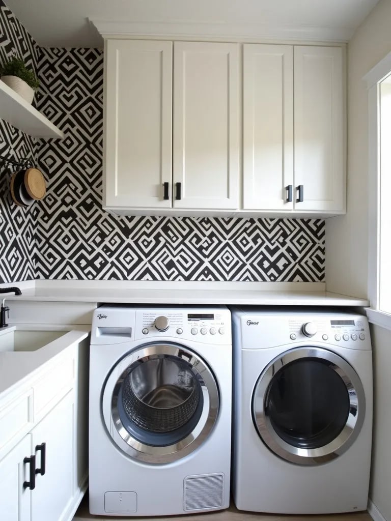 Striking laundry room with geometric wallpaper and white cabinets