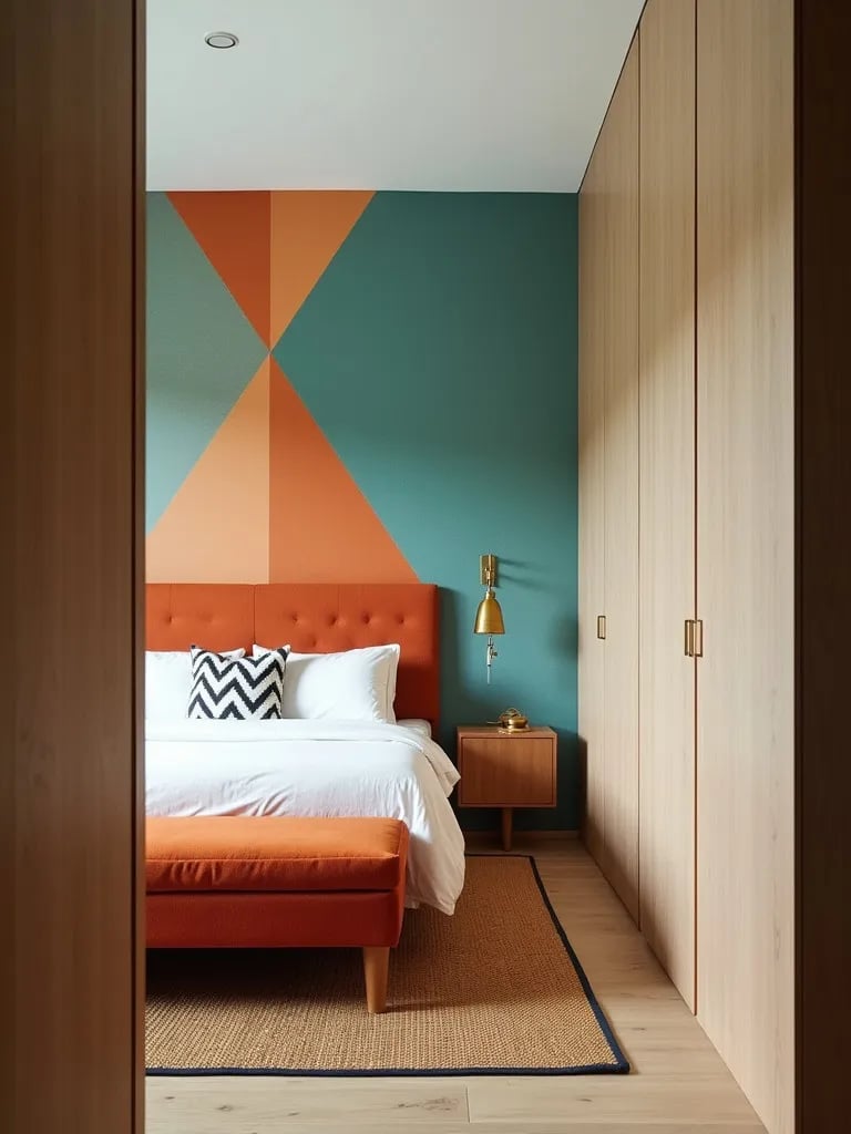 Stylish bedroom featuring vibrant geometric wallpaper and brass sconces