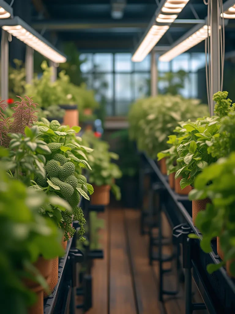 Stylish indoor garden with grow lights and hydroponic systems for vegetables
