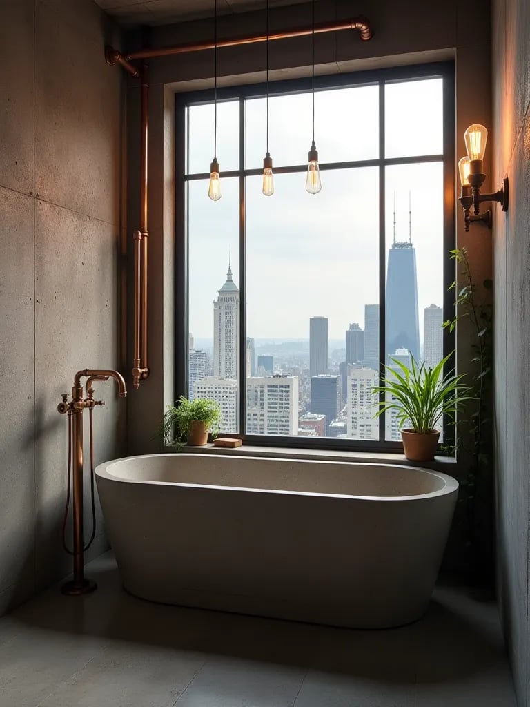 Stylish industrial bathroom with concrete soaking tub and Edison bulb lighting