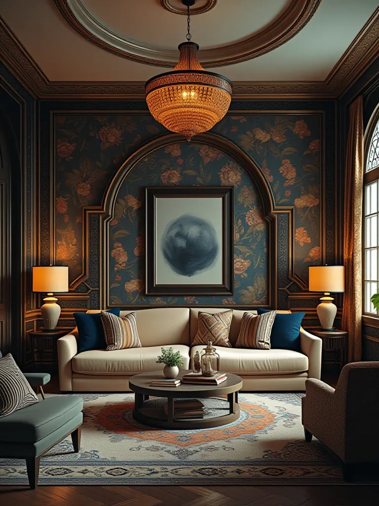 Stylish living room featuring a colorful geometric wallpaper accent wall and classic furniture