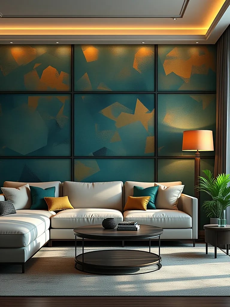 Stylish living room featuring geometric patterned accent wall