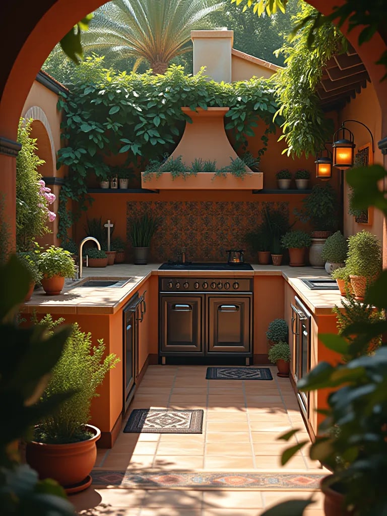 Sun drenched outdoor kitchen with wrought iron accents and potted herbs