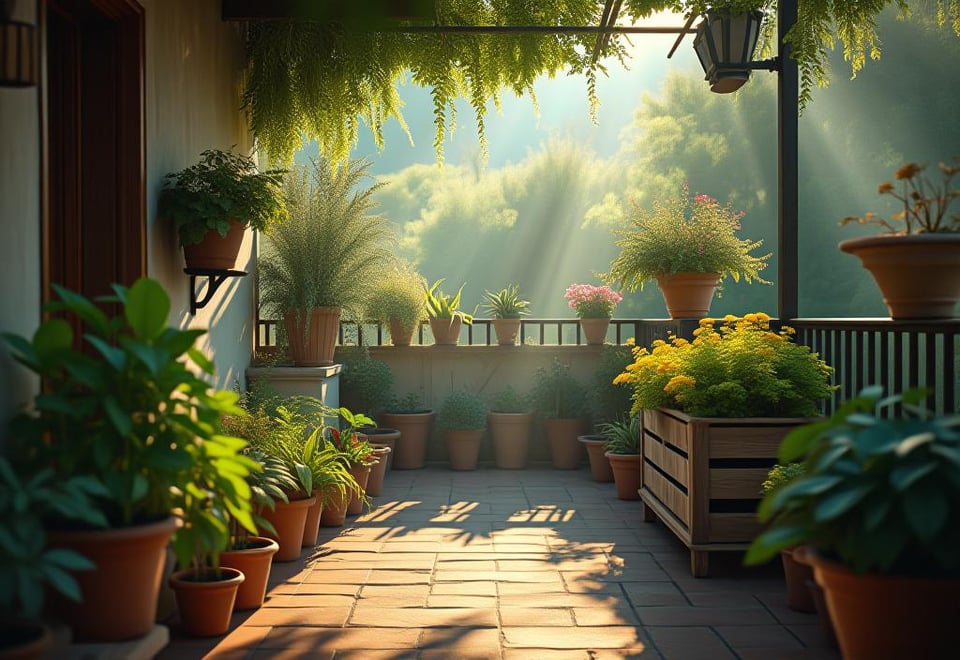 Sunlit balcony garden with diverse vegetables in rustic containers