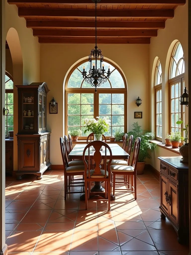 Sunlit dining area featuring newly installed traditional terracotta tiles