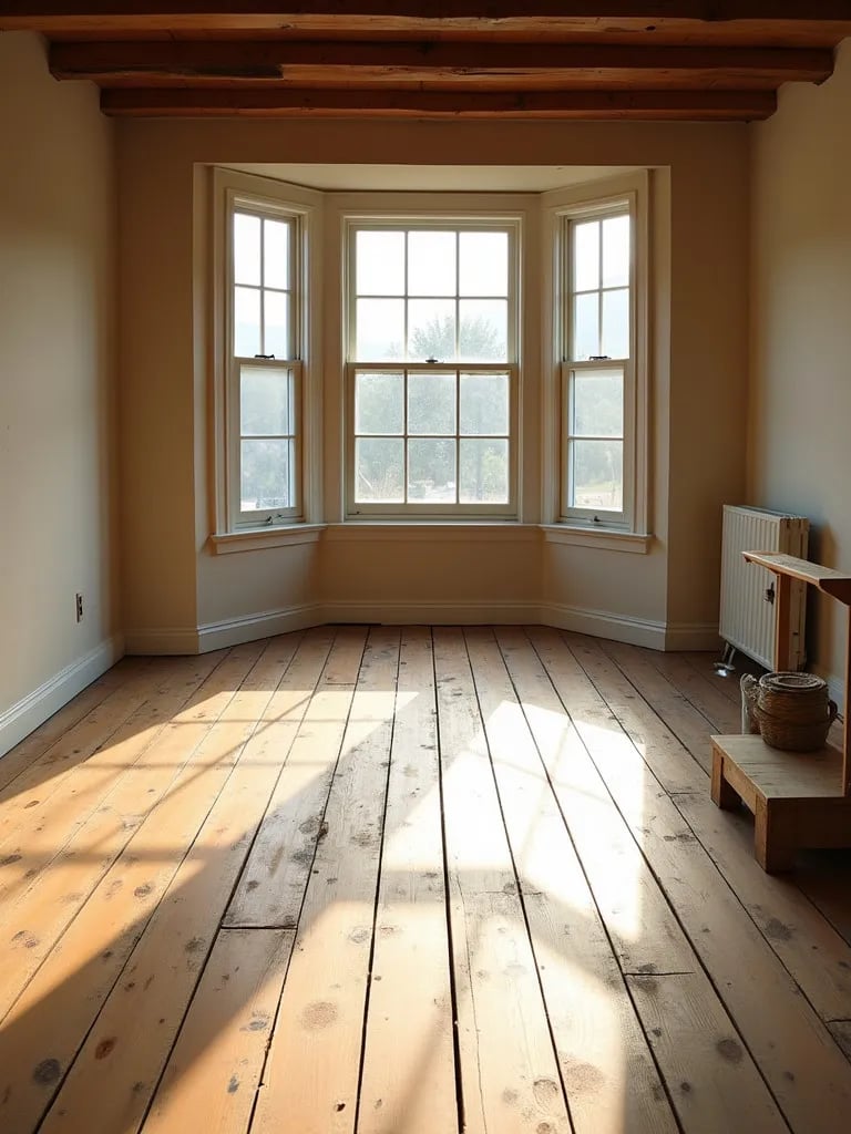 Sunlit dining area with newly installed distressed wood flooring