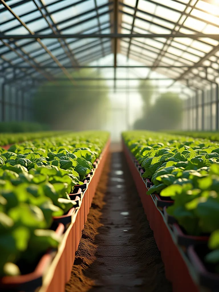 Sunlit greenhouse with diverse container vegetables at different growth phases