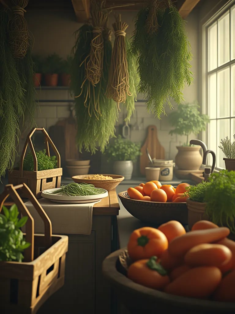 Sunlit kitchen with baskets of fresh produce and drying herbs from containers