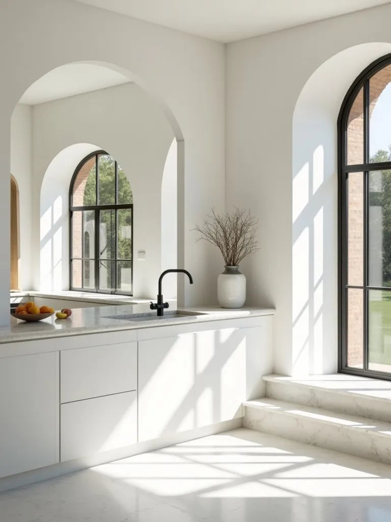 Sunlit white kitchen with farmhouse sink and large arched window