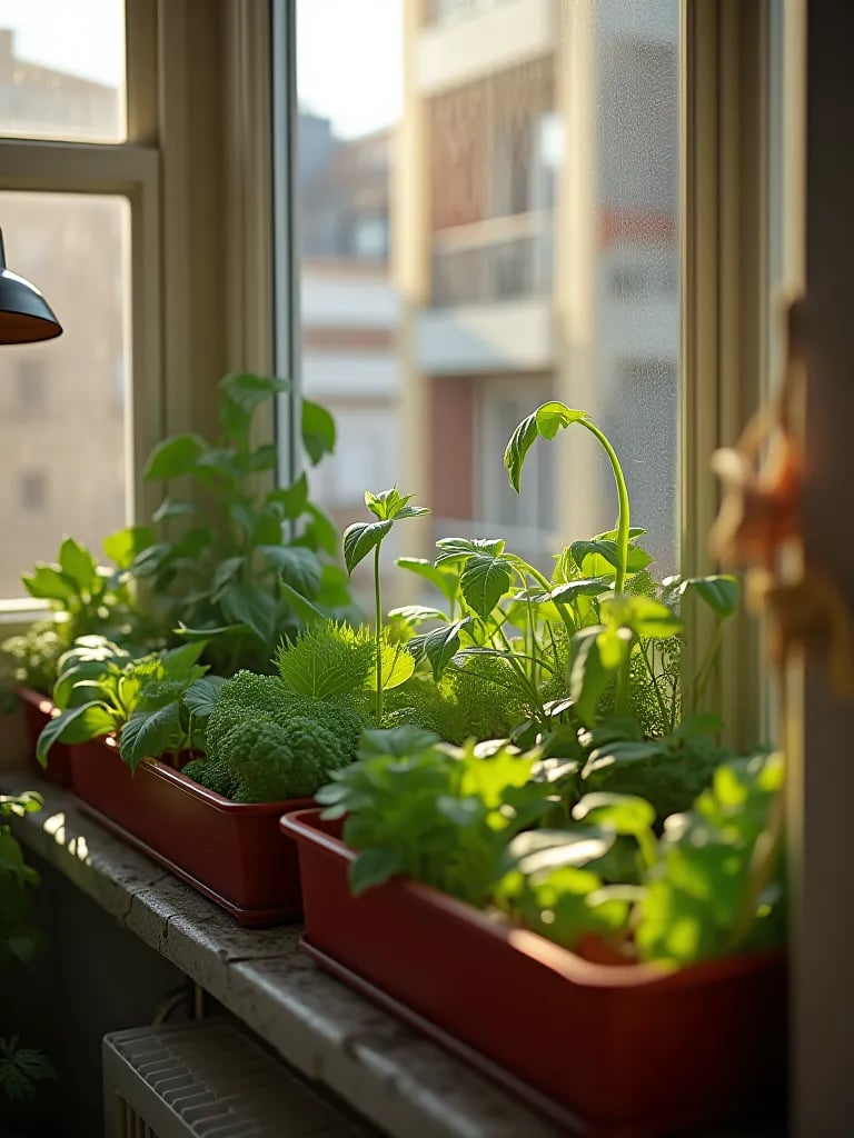 Sunny apartment windowsill with diverse container vegetables and vertical systems