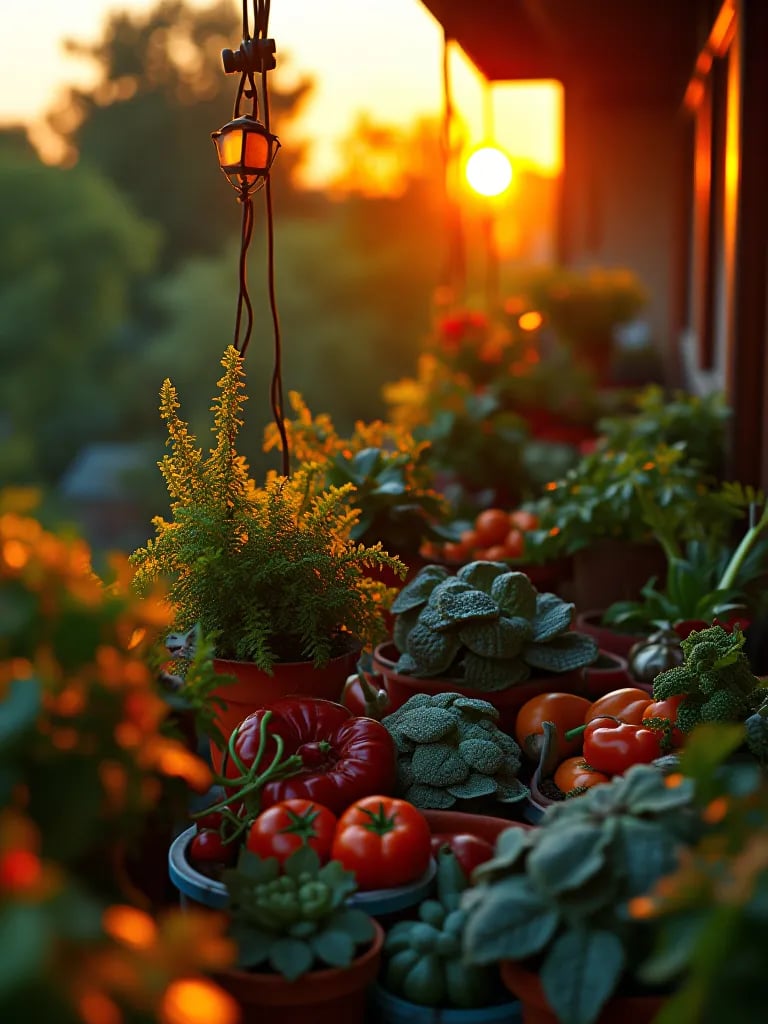 Sunset lit balcony with containers full of harvestable vegetables
