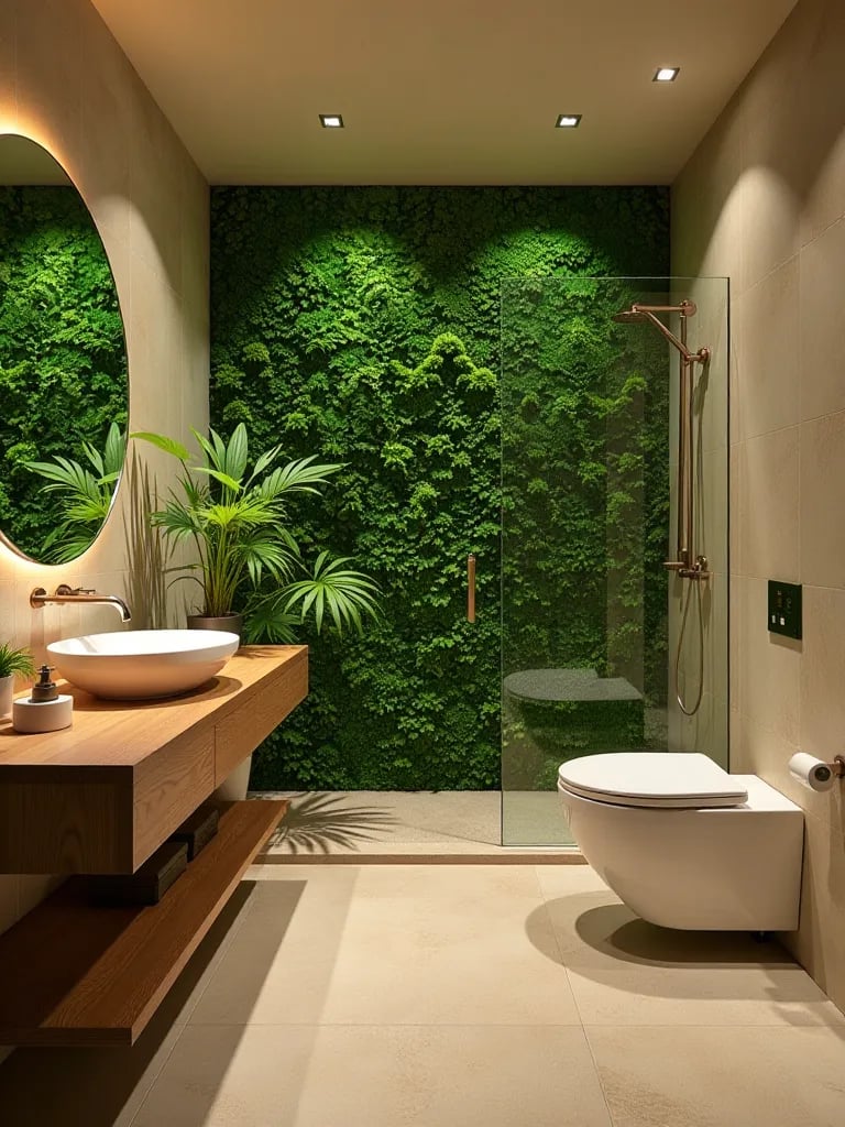 Sustainable luxury bathroom featuring moss wall and eco friendly fixtures