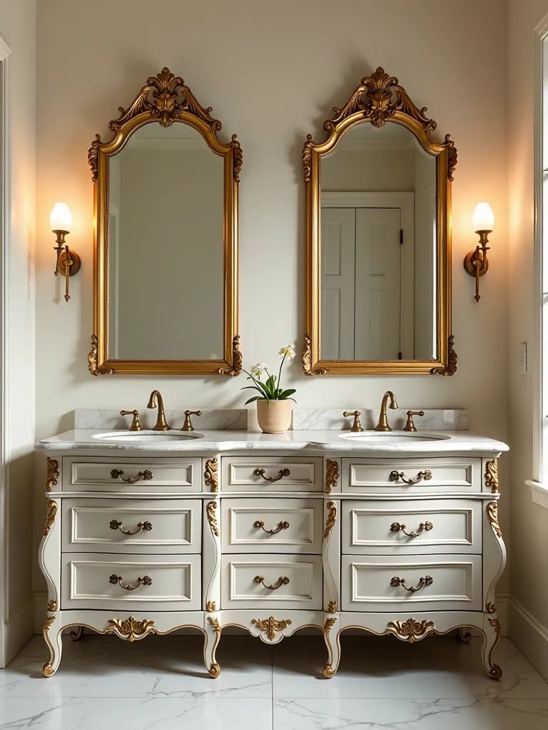 Symmetrical vintage inspired double vanity with marble countertops