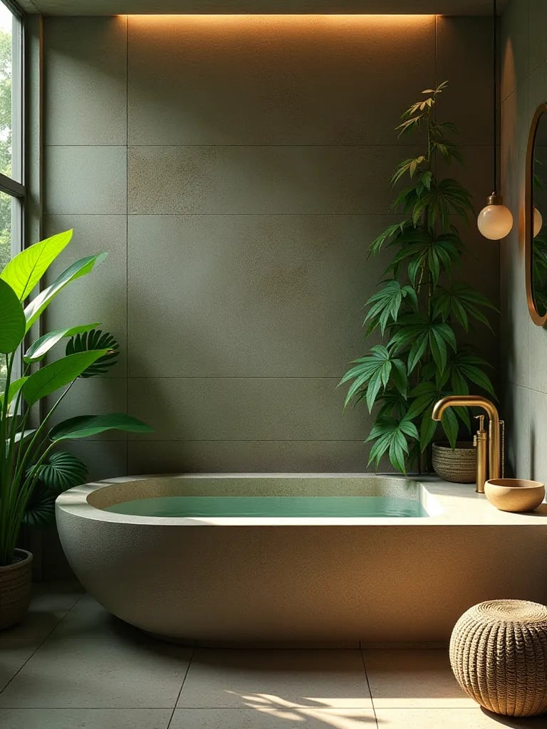 Tranquil bathroom with stone tub, bamboo accents, and tropical plant wall