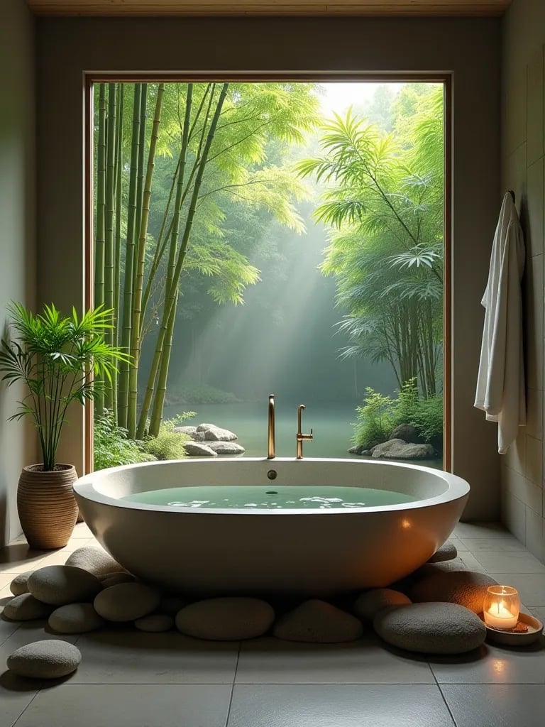 Tranquil bathroom with sunken stone tub and bamboo garden view