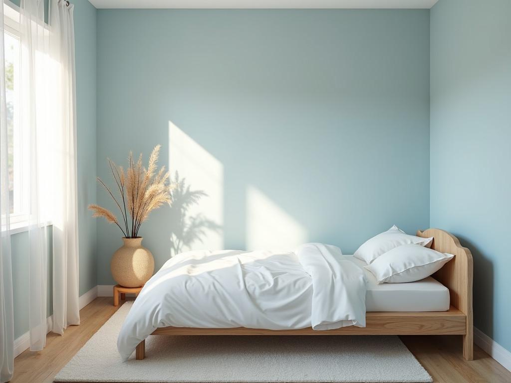 Tranquil blue bedroom with natural wood accents and white linens