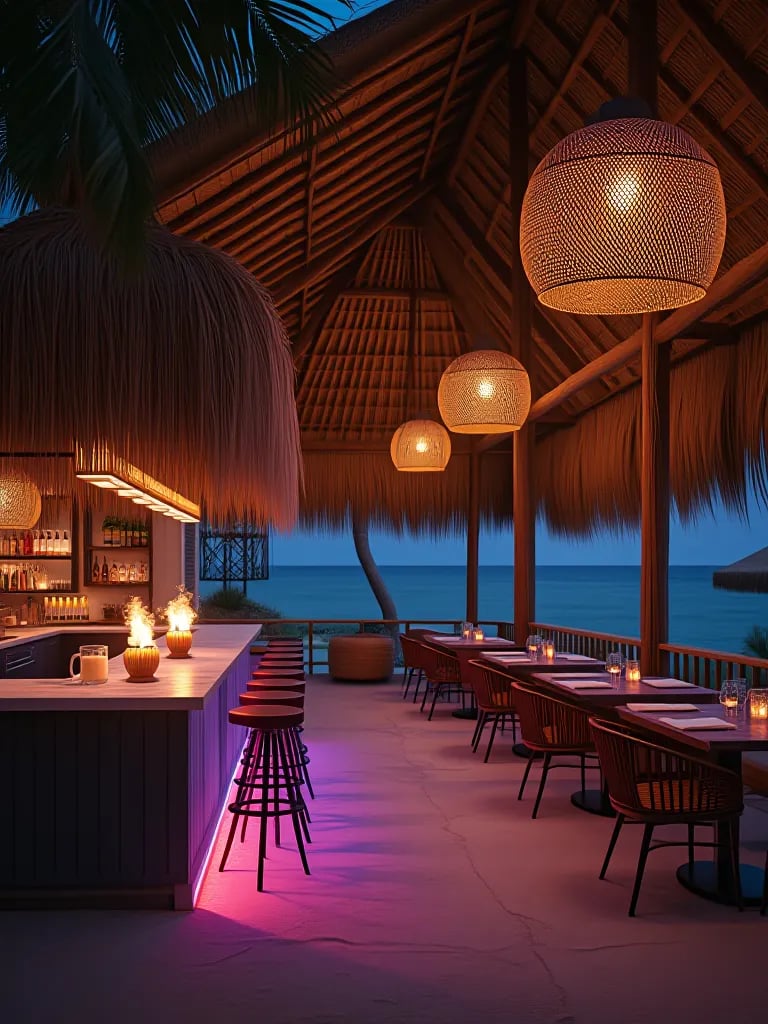 Tropical outdoor kitchen with tiki torches, LED strips, and rattan lights