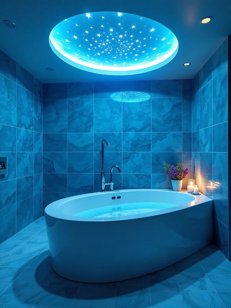 Underwater themed bathroom with aquarium and starry ceiling