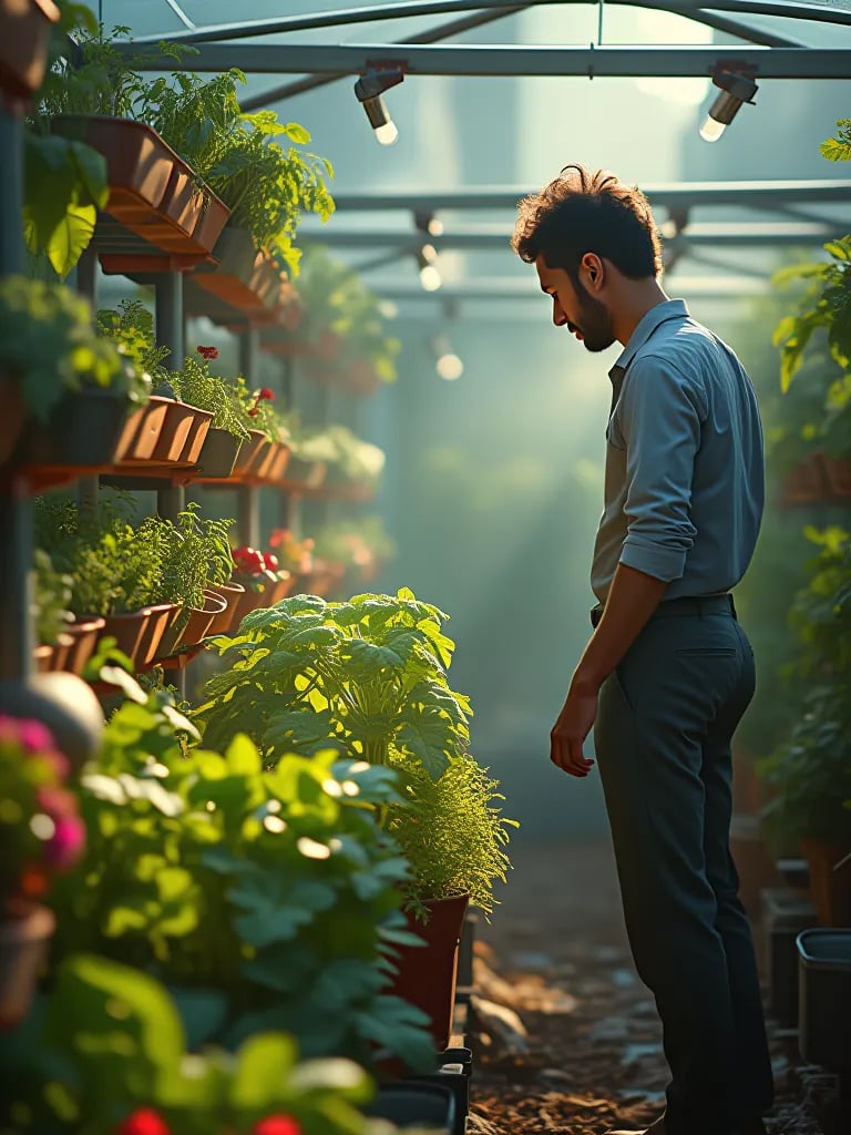 Urban community garden plot with diverse container vegetables and vertical systems