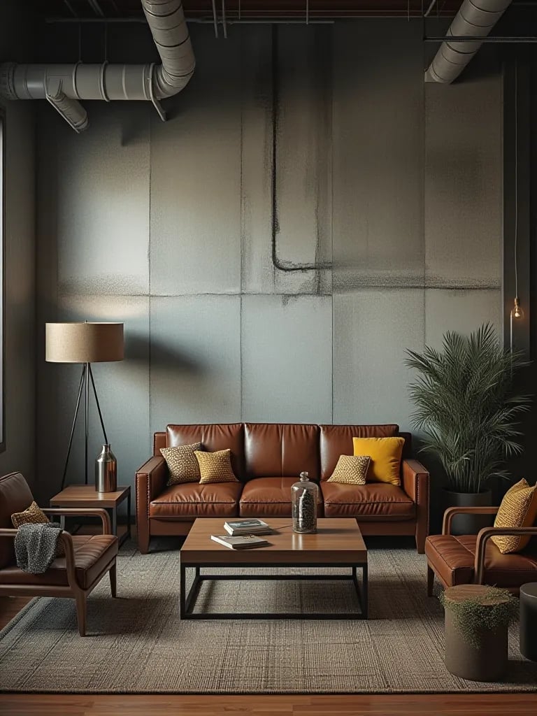 Urban loft style living room featuring concrete wallpaper and leather furniture